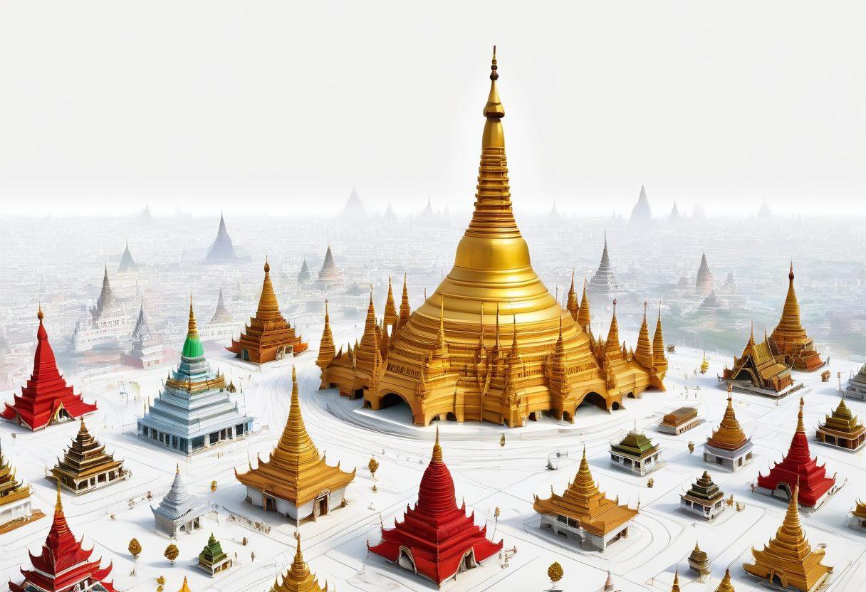 A vibrant scene showcasing Myanmar's iconic landmarks like the Shwedagon Pagoda and Bagan temples, surrounded by digital icons for various online services such as ebooks, e-commerce, travel booking, and local news portals. Include symbolic elements like wifi signals and digital devices blending seamlessly with the cultural backdrop. super-realistic. vibrant colors. white background.
