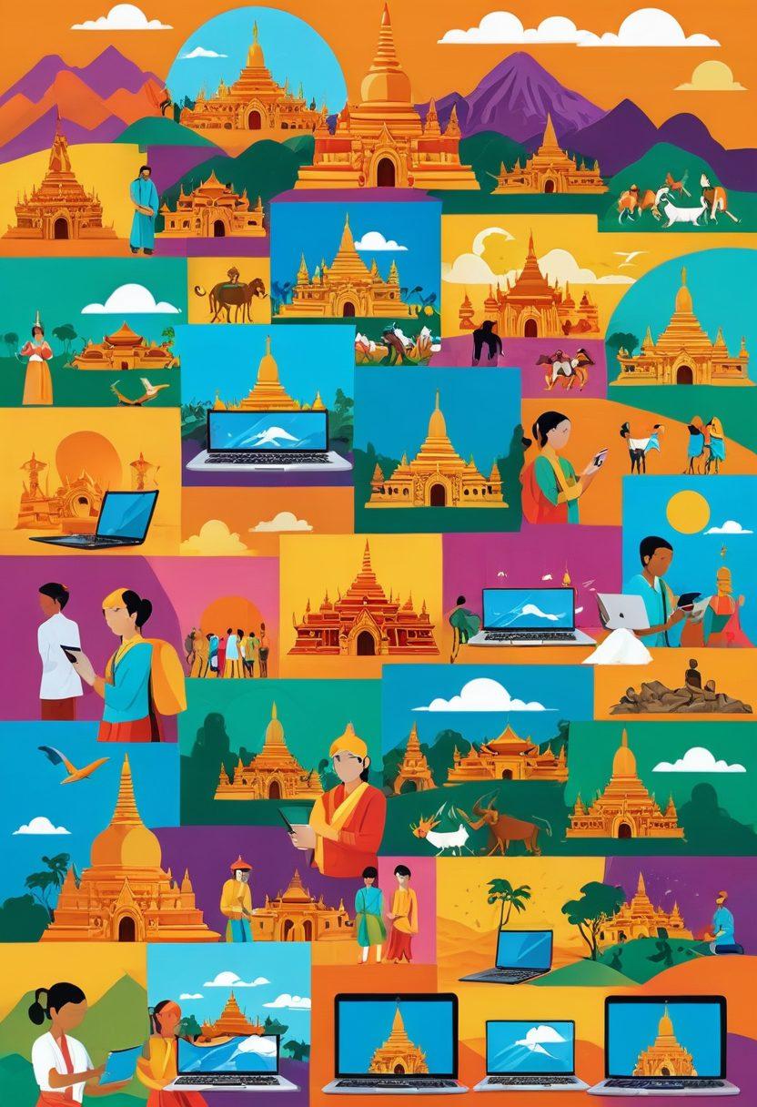 A vibrant and dynamic collage showcasing essential web-based services in Myanmar, featuring icons of popular apps, online resources, and digital communities intertwined with traditional cultural elements. Include images of people using smartphones and laptops, emphasizing connectivity and a sense of community. Integrate scenic Myanmar landmarks in the background. vector art. vibrant colors.