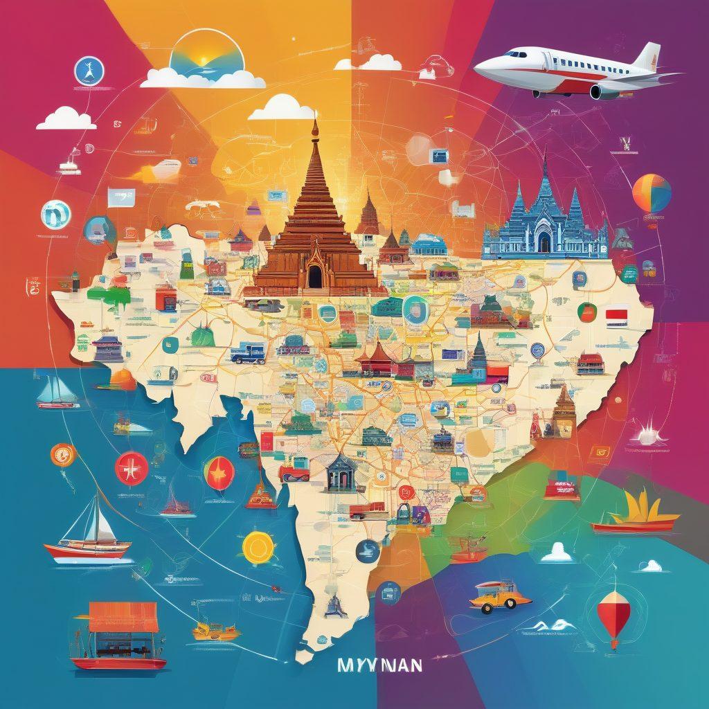 A dynamic collage showcasing Myanmar's top digital services, featuring icons of high-speed internet, e-commerce platforms, mobile payment apps, and local digital startups. Integrate Myanmar’s map in the background with modern tech symbols around it, enhanced with vibrant colors and a tech-savvy aesthetic. vector art. bright and modern style.